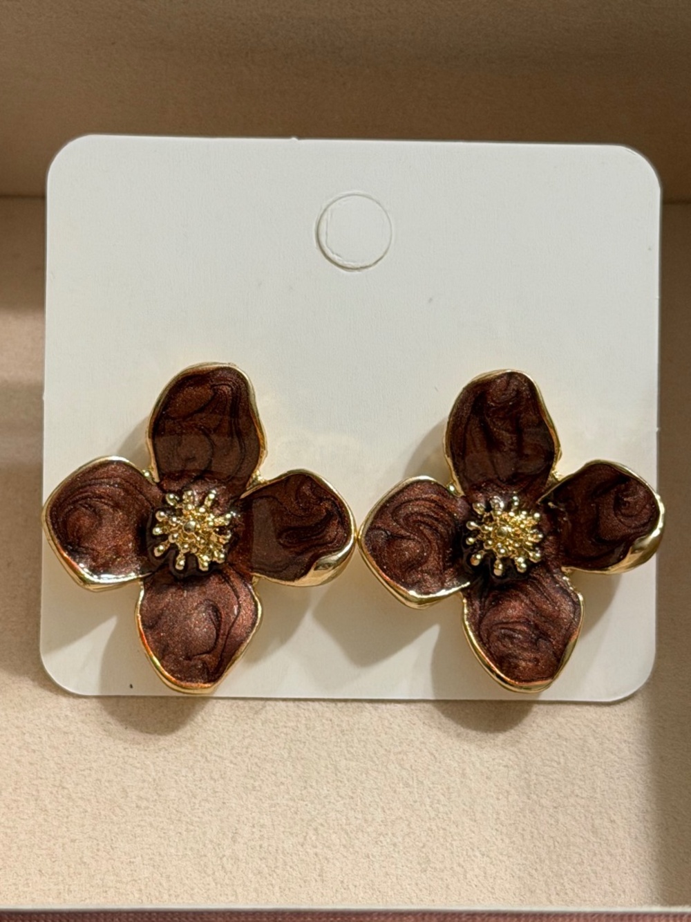 Golden Brown 4-Petal Flower Oil Dripping Enamel Stud Earrings
